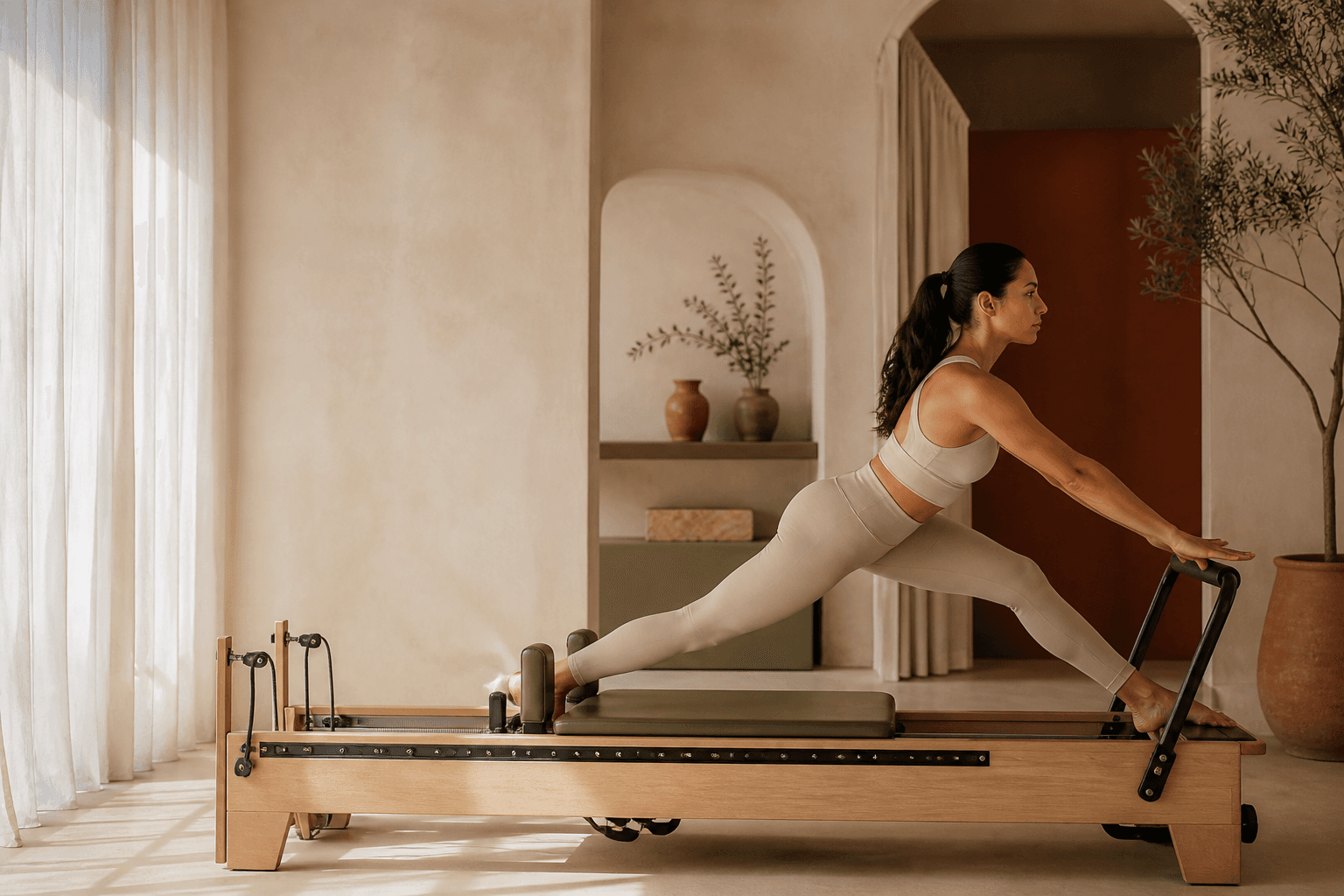Mujer practicando Pilates Reformer en un estudio cálido